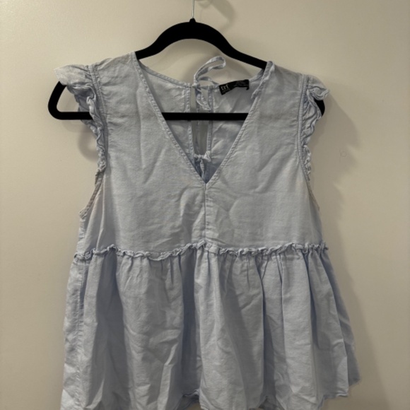 Zara TRF Light Blue Ruffle Sleeve Peplum Blouse Baby Doll, V-Neck, Size L - Picture 3 of 6